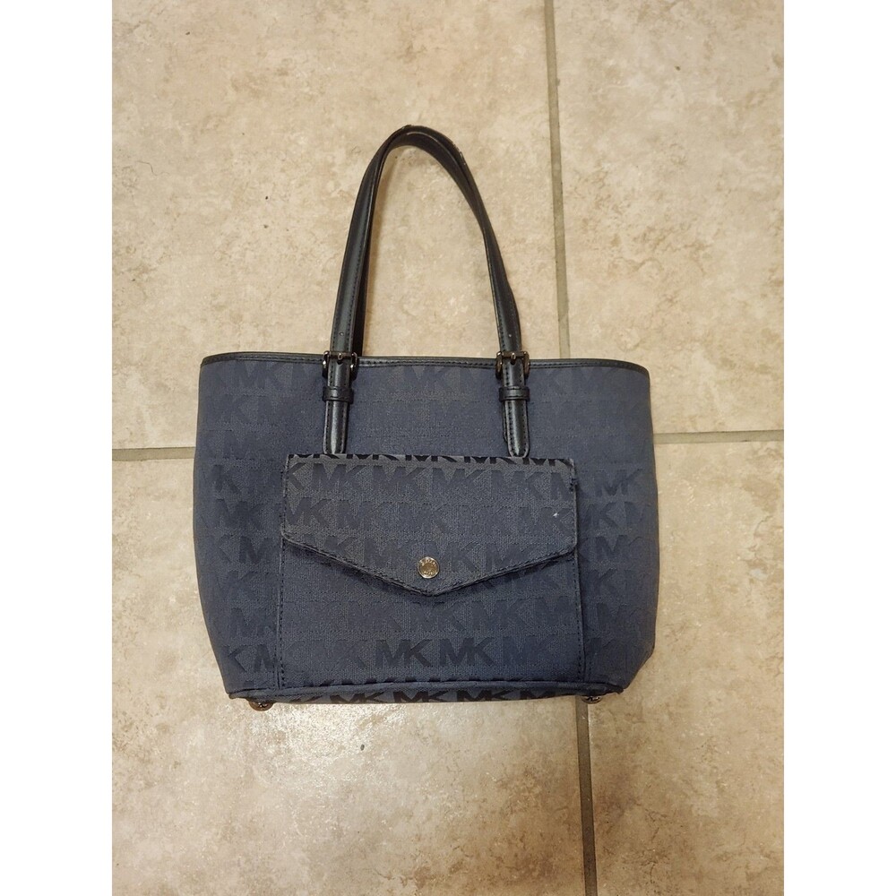 Michael Kors Navy Blue Canvas Tote Shoulder Bag 12X5X9